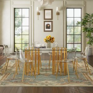 Tavolo da Pranzo Ovale di Lusso in Vetro Temperato da 71 Pollici con Doppia Colonna Dorata e 6 Sedie Trasparenti - Set Elegante per Sala da Pranzo - Product Image 2