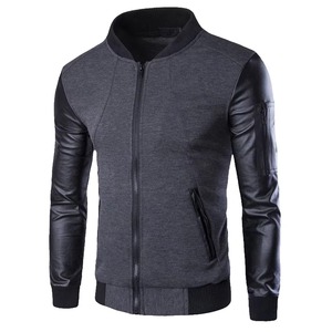 Charcoal Grey Black Leather Sleeve Bomber <b>Jacket</b> Premium Zip Front Casual Outerwear Manufacturer - Product Image 1