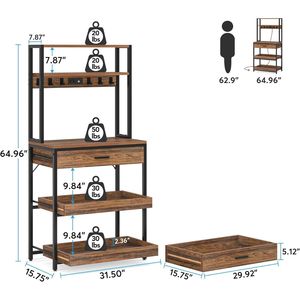 Étagère de cuisine à 5 niveaux pour four à micro-ondes avec prises de courant, étagère de boulanger avec tiroir, étagères coulissantes et unités de rangement - Product Image 6