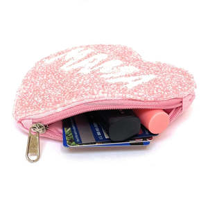 Pochette à monnaie personnalisée en perles naturelles, motif cœur rose 'Mama', brodée à la main, mini sac tendance fait main - Product Image 2