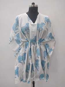 Robe bohème en coton blanc à col en V, imprimé animalier bleu, manches mi-longues, coupe ample, longueur midi, à nouer devant, décontractée, printemps/été, respirante, simple - Product Image 1