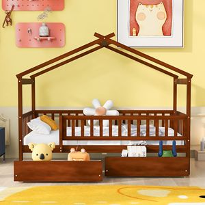 Letto a casetta in legno color noce, singolo, con due cassetti - Product Image 2