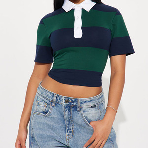 Polo Corto a Rayas de Primera Calidad para Mujer, Manga Corta, Estilo Preppy con Bloques de Color, Top de Algodón Tejido, Camisetas Polo Deportivas - Product Image 1