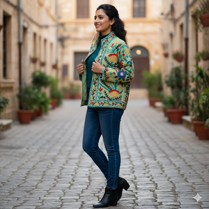 เสื้อแจ็คเก็ตสั้นสีเขียวอ่อนสไตล์วินเทจปักลายซูซานี ทำมือ ผ้าวาฟเฟิล เหมาะสำหรับใส่ในฤดูหนาว  ไซส์เดียว ใส่ไปงานปาร์ตี้ได้ - Product Image 3