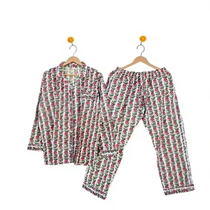 Conjunto de Pijama para Mujer, 100% Algodón, Estampado Geométrico, Manga Larga, Cuello Camisero, Pantalón Largo, Ropa de Dormir Suave e Informal - Product Image 2