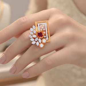 แหวนพลอยทับทิมสีแดงรูปไข่ทรงสวยหรู พร้อมดีไซน์กรอบทองรูปดอกไม้/สี่เหลี่ยม สำหรับเครื่องประดับงานปาร์ตี้ - Product Image 3