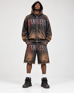 <b>Men's</b> Distressed Stone Wash <b>Hoodie</b> <b>and</b> <b>Shorts</b> <b>Set</b> Colorful FEARLESS Print Loose Streetwear Tracksuit - Product Image 1