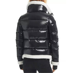 Veste matelassée noire pour femme à col montant avec doublure en fausse fourrure, coupe-vent, décontractée, pour l'hiver, couleur unie, en PU - Product Image 2