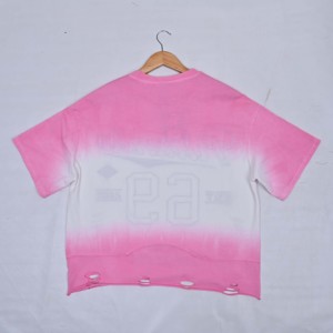 Pink Gradient Crop <b>T</b>-<b>Shirt</b> Women Oversized Short Sleeves Crew Neck Hole Decorated Soft Breathable Jersey Loose Fit Spring Summer - Product Image 2