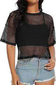Plain Black Color Mesh Sheer Crop <b>Top</b> Sexy Fitness T-Shirt Hot Fashion Neck <b>Top</b> Yoga Gym Regular Fit Mesh Shirts Breathable - Product Image 6