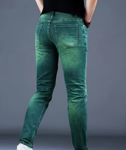 Jeans de Mezclilla para Hombre, Corte Recto, Ajustados, Color Verde Degradado, Cintura Media, Lavado Arena, Algodón, Estilo Casual Otoñal - Product Image 2