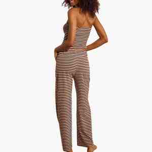 Casual Striped 2 Piece Set Strapless Crop Top And Wide Leg <b>Pants</b> Casual Women's Loose Fit Spring Summer Outfit Cotton Co-ord Set - Product Image 2