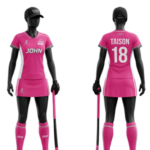 Uniforme de Hockey sobre Césped de Poliéster Premium de 180 GSM, Diseño de Paneles Rosa y Blanco, Sublimación, Logotipo Personalizado - Product Image 1