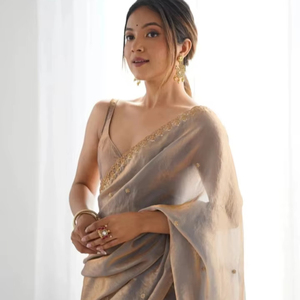 Sari indien en soie orné, infroissable, réversible, à séchage rapide, pour les fêtes d'automne - Product Image 1