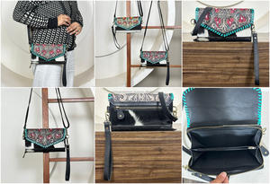 Sac à main bandoulière et pochette artisanal de style western, en cuir de vachette floral brodé, accessoire bohème élégant et tendance - Product Image 3