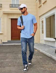 Camiseta de Manga Corta para Hombre, Cuello Redondo, Color Azul Claro, Corte Regular, Informal, Tejida, 100% Algodón, Diseño Liso, Transpirable, Color Sólido - Product Image 3