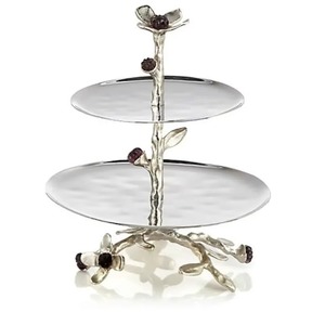 On Sale Silver Colored Leaf & Floral Tiered Serving Tray With Round Plates And Plant Design For <b>Wedding</b> Decorative Use - Product Image 1