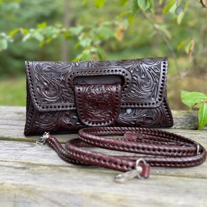 Handmade <b>Tooled</b> Genuine Leather Clutch Bag for Women | Western Floral Embossed Evening Handbag with Handle - Product Image 3