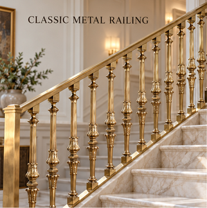 Barandilla de Escalera Clásica en Tono Dorado con Balaustres Acanalados y Detalles Ornamentales Tallados para Interiores de Lujo - Product Image 1