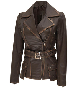 Chaqueta de moto de cuero genuino para mujer con cinturón y cierre de cremallera, color marrón, manga larga, cuello extendido, estilo otoñal - Product Image 5