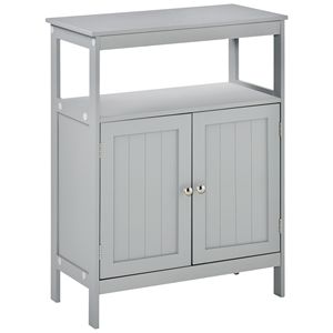 Mobiletto da Bagno Minimalista in Rattan Grigio e Legno, Armadietto Salvaspazio a Doppia Anta, Organizzatore Indipendente per Casa e Ospedale - Product Image 1