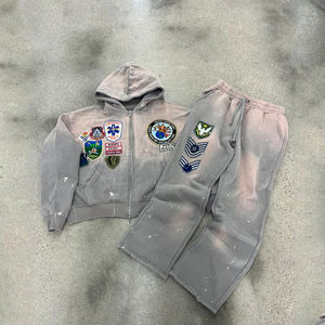 เสื้อฮู้ดดี้และกางเกงวอร์มไซส์ใหญ่พิเศษสำหรับผู้ชายปี 2026 แบบสั่งทำขายส่ง ตกแต่งด้วยลายปักแบบดิสเทรสและงานปะติด - Product Image 1