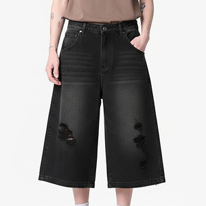 Pantalones cortos de mezclilla largos estilo holgado para verano, con rotos, transpirables, negros, deslavados, a precio mayorista asequible. - Product Image 1