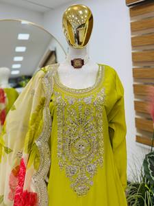 Embroidered Floral Heavy Chinon Silk Traditional Salwar Kameez Set Women Anarkali Dress <b>Net</b> Palazzo Dupatta Wedding Diwali Party - Product Image 5