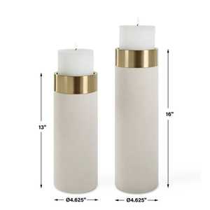 Modern White Leather & Gold Metal Pillar Candle Holder <b>Set</b> Elegant Minimalist Design Round Shape For Luxury Home Decoration - Product Image 3