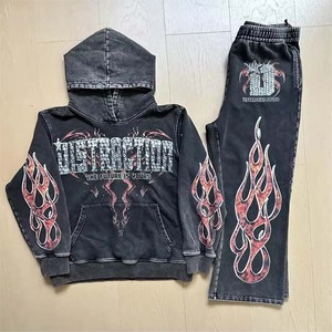 Conjunto de Sudadera con Capucha y Pantalones Deportivos para Niños, Diseño de Llamas Negras, Manga Larga, Estilo Urbano, con Bolsillos Laterales, para Otoño - Product Image 4