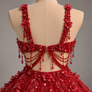 Vestido de Fiesta Mini Rojo de Lujo con Cuentas y Adornos Florales, Corte Entallado, Silueta en A y Tela Transpirable - Product Image 5