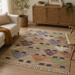 Handwoven Jute Cotton Flat Weave Area Rug Geometric Tribal Kilim Carpet Eco Friendly Boho Home Decor Rug - Product Image 1