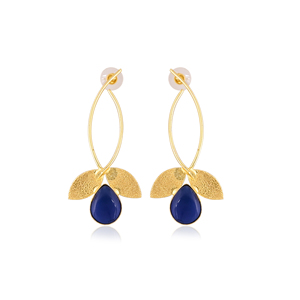 Boucles d'oreilles élégantes en laiton plaqué or avec pierre hydro-gemme bleu encre, bijoux de mode faits à la main pour femme, cadeau - Product Image 1