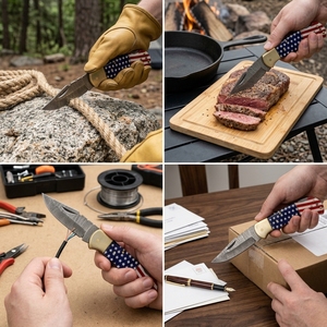 Couteau pliant artisanal en acier Damas, manche drapeau américain, bolster en laiton, couteau de poche EDC, vente en gros, fabricant - Product Image 6