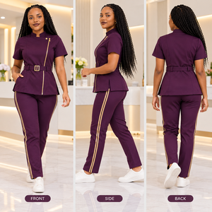Conjunto de uniforme médico unisex de poliéster tejido con cuello alto, cremallera frontal, pantalones de pierna ajustada, uniforme de enfermería de 2 piezas, ropa de trabajo con detección de agujas - Product Image 3