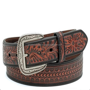 Cinturón de cuero genuino para hombre, hecho en India, estilo western, con hebilla de latón grabada con motivos florales, cinturón de vaquero. - Product Image 2