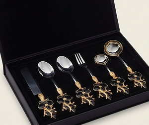 Elegant <b>Metal</b> Flatware Set With <b>Black</b> Flower Design High <b>Mirror</b> Polish Dishwasher Safe For Formal Dining - Product Image 6