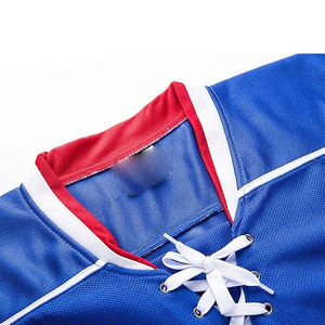 Maillot de hockey sur glace personnalisé bleu, rouge et blanc, rayé, à manches longues, col en V, uniforme sportif - Product Image 5