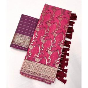 DISEÑADOR LINO ALGODÓN ZARI HILO TEJIDO SAREE CON BLUSA SIN COSTURA ROSA ROPA - Product Image 2