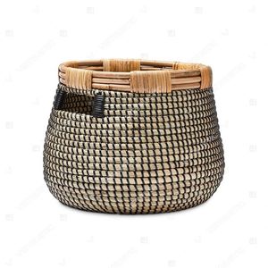 RATTAN-RIMMED COIL <b>Hamper</b> Storage Baskets Seagrass Basket Handles Cut-out Rattan On Top - Product Image 3