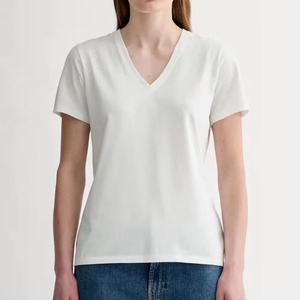 Camisetas de Cuello en V para Mujer al por Mayor, Personalizadas, de Manga Corta, de Algodón Transpirable, Casuales, Lisas, Ajustadas, Tops de Ropa - Product Image 1