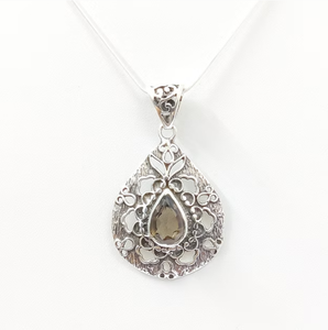 Pendentif Minimaliste en Quartz Fumé, Argent Sterling 925, Pierre Précieuse Marron Taillée en Poire, Charme Vintage Solitaire à Texture Florale - Product Image 3