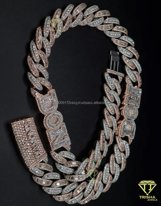 Cadena cubana chapada en rodio con diamantes cultivados en laboratorio VVS en plata de ley 925, corte esmeralda redondo, collar estilo hip hop. - Product Image 3