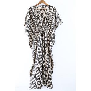 Women's <b>Black</b> White Geometric Block Print V-Neck <b>Kaftan</b> Long Dress Loose Fit Cotton Bohemian Summer Dress - Product Image 1
