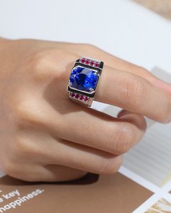 Square <b>Emerald</b> Cut Blue Center Stone Rose Gold Plated 925 <b>Silver</b> <b>Ring</b> Red Side Stone Vintage Statement Band Daily Wear - Product Image 1