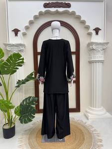 Black Embroidered Muslim <b>Dress</b> <b>Long</b> Sleeve Abaya Set Floral Hijab Outfit Traditional Women Apparel - Product Image 5