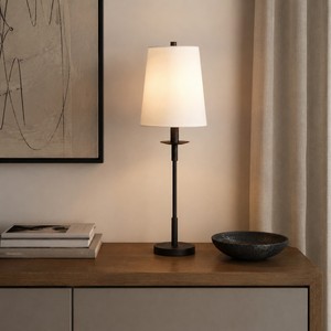 Lampe de table en métal noir KS International, abat-jour en tissu, fabrication artisanale, écologique, durable, moderne, chambre à coucher, salon, décoration de la maison - Product Image 1