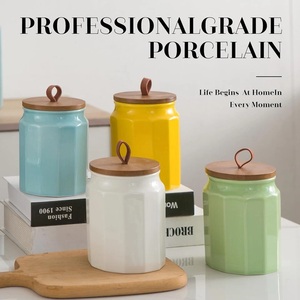 Ensemble de pots en céramique contemporains avec couvercle en bambou, design facetté, bocaux hermétiques pour le stockage des aliments, organisateur de cuisine élégant - Product Image 3