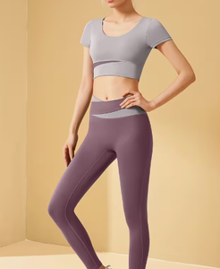 Women Sporty 2 Piece Set Knitted Crop <b>Top</b> Full Length Pants Color Blocking Breathable Spandex Cotton Pockets Regular Fit All - Product Image 5