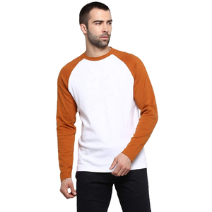 T-shirt à manches longues raglan pour homme, blanc et orange contrastés, coupe classique, col rond, jersey tricoté décontracté en coton, couleur unie - Product Image 5